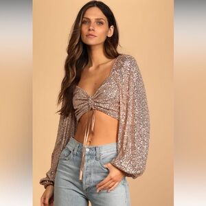 NWT Lulus Champagne Gold Sequin Long Sleeve Ruched Crop Top Sz S